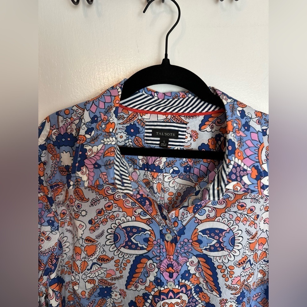 Talbots Button Front Shirt Top Orange Blue Pink Floral Long Sleeve  Large #1620 - Picture 3 of 6